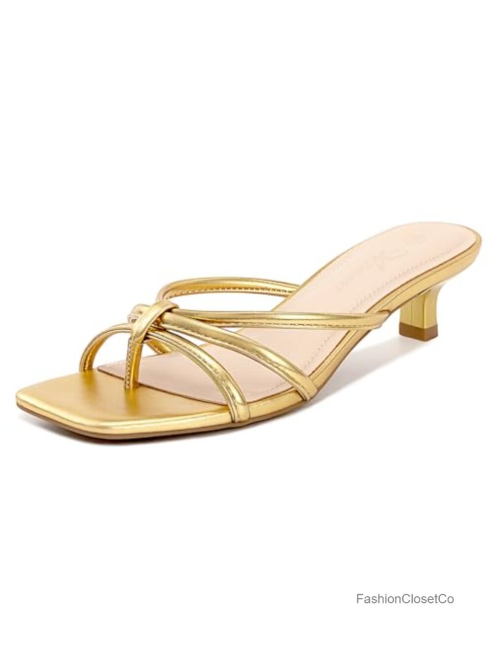 Square Toe Strappy Kitten Heel Sandals - Low Heel Slip On Thong Heels for